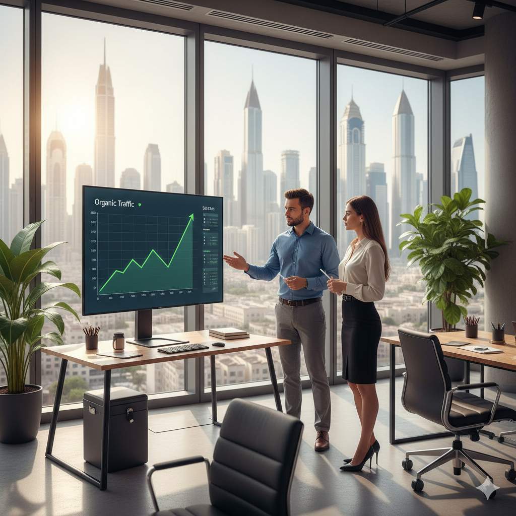 A man is showing a graphic to a woman in an office in Dubai.