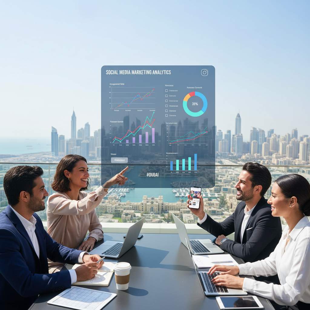 Social media management team in Dubai. Image ai generated.