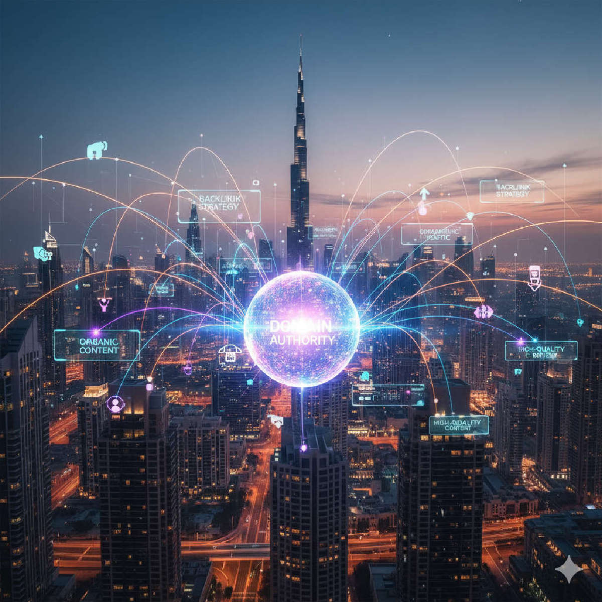 Linkbuilding service in Dubai. Image ai generated.