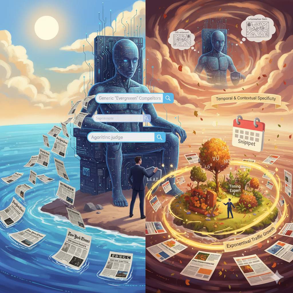 he "Seasonal Take" Case Study: Beating Consensus with Specificity A clear and documented example of how Information Gain can beat mass consensus is the case of a site that created a "new seasonal approach" to an otherwise hackneyed topic. While giant competitors published the usual generic "evergreen" guides, this site intercepted a specific, temporal, and overlooked "pain point" that no one was treating with proper attention. They created content that answered a question users had only at a precise time of year, providing a different solution than the usual "advice for all seasons." The result was a featured snippet won in six months and exponential traffic growth, maintained even during subsequent core updates that penalized more generic sites. This proves you don't need to be the New York Times or have their domain authority; you just need to say something the New York Times didn't think to say, or say it at a time when they are distracted covering generalist news. Temporal and contextual specificity is a form of E-E-A-T that requires no backlinks, only timing and user understanding.