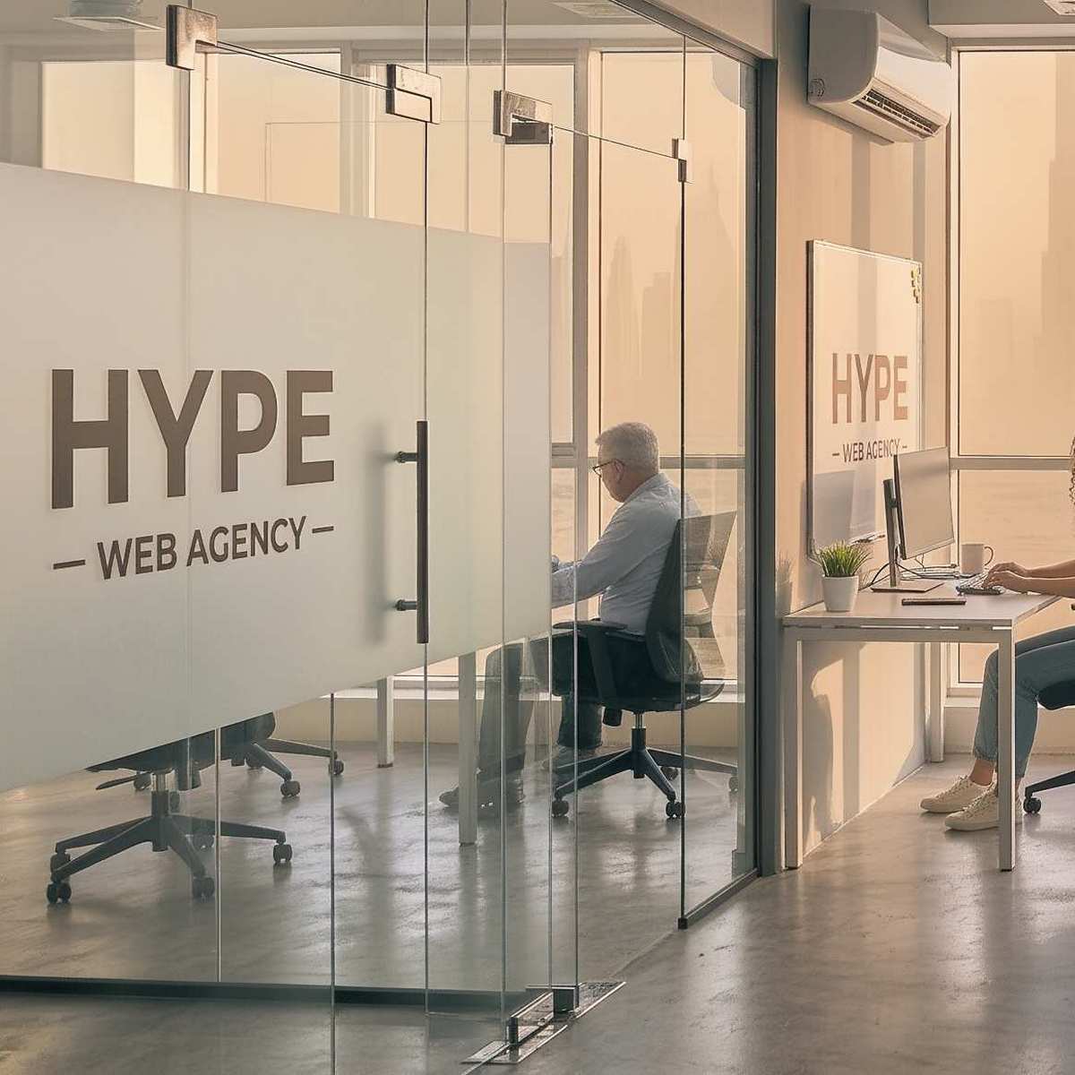 Man working on a computer behind a glass partition with the Hype Digital Agency logo inside a modern digital agency office in Dubai.