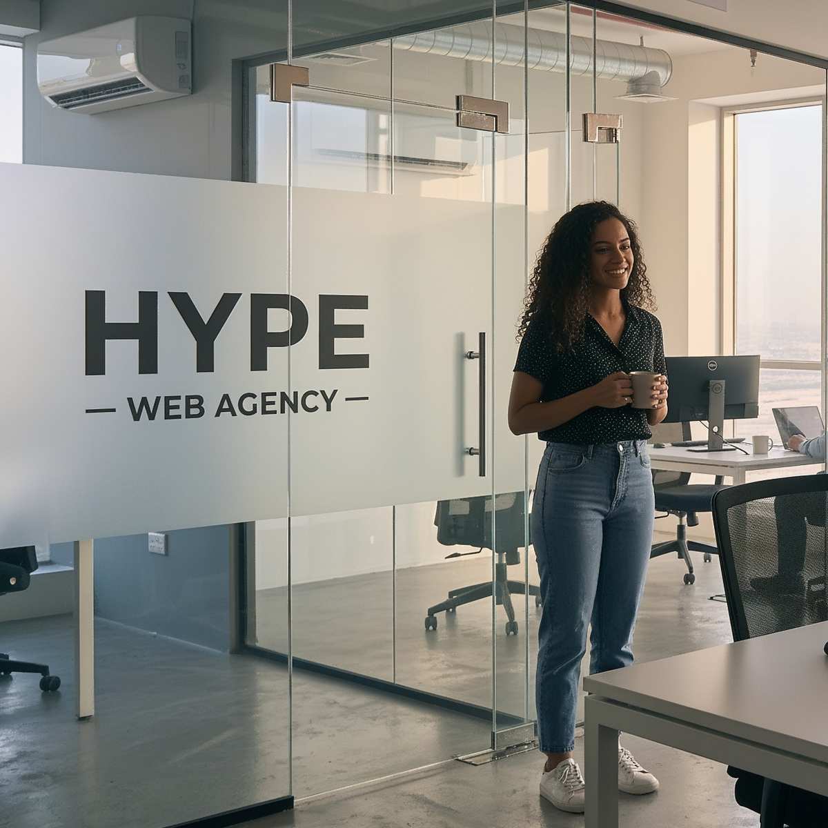 Smiling woman holding a coffee cup next to a glass door with the Hype Web Digital Agency logo in an open space office in Dubai.
