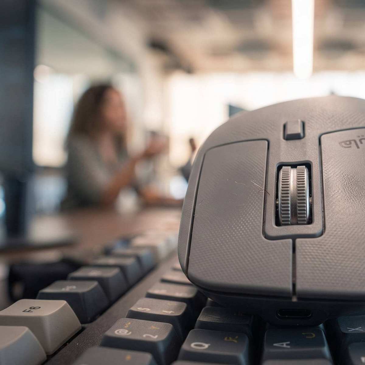 Close-up of a computer mouse and keyboard on a desk in the Hype digital agency office in Dubai with a team member blurred in the background.