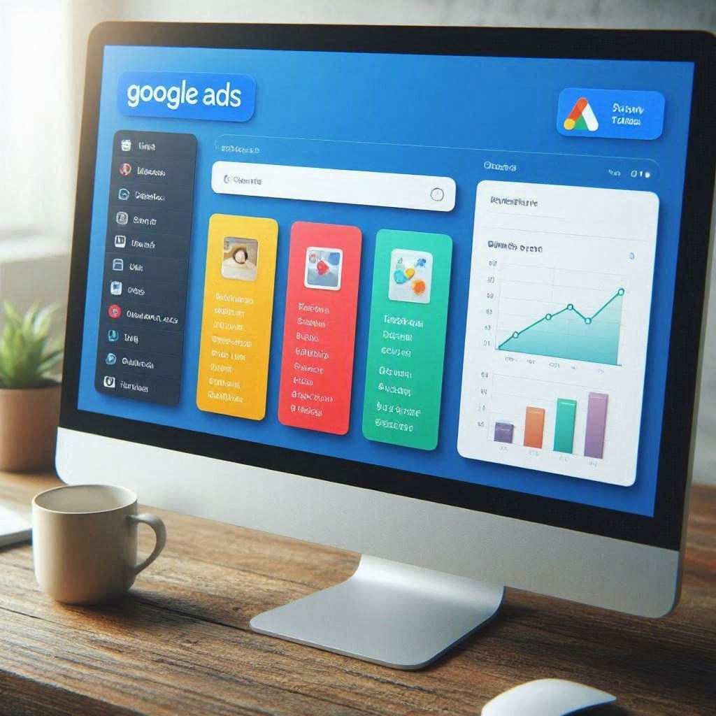 A sleek modern computer monitor rests on a wooden desk next to a white ceramic mug, a keyboard, a mouse, and a small potted plant in soft natural light. On the screen, a stylized blue digital dashboard displays the text "google ads" alongside colorful campaign cards, a navigation sidebar, a line graph, and a bar chart showing analytics data. This image is created by ai