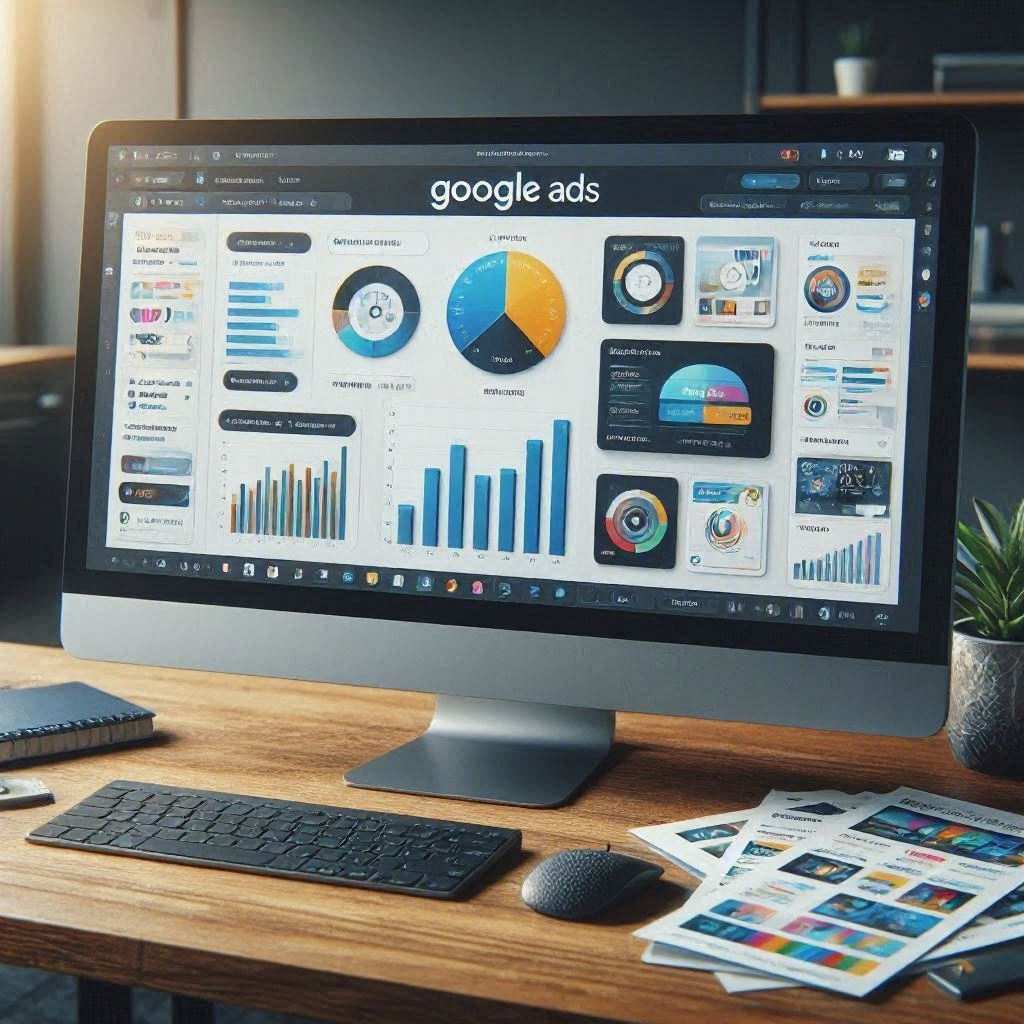 A modern desktop computer sits on a warm wooden office desk, flanked by a black wireless keyboard, a pebble-style mouse, a notebook, printed creative sheets, and a potted plant. The display shows a detailed analytics dashboard labeled "google ads" filled with various data visualizations, including circular donut charts, pie charts, vertical bar graphs, and campaign preview widgets. This image is created by ai
