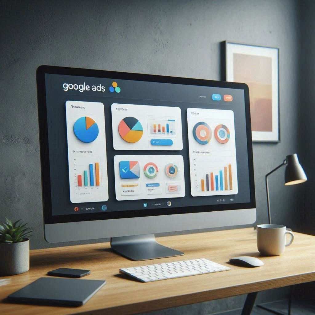 A modern desktop computer is set up on a clean wooden desk with a white wireless keyboard, mouse, ceramic mug, small potted succulent, smartphone, and desk lamp in front of a dark gray wall. The monitor displays a sleek, dark-themed "google ads" dashboard featuring modular white cards with 3D-style pie charts, donut charts, and colorful bar graphs. This image is created by ai