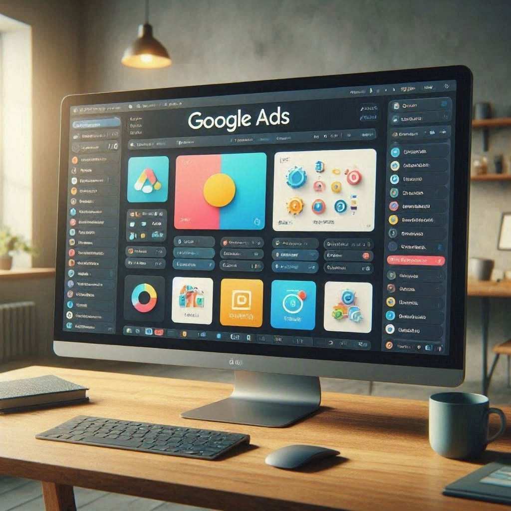 A wide desktop monitor rests on a wooden desk alongside a dark keyboard, mouse, notebook, and a dark ceramic mug, illuminated by soft ambient room lighting. The screen displays a dark-themed "Google Ads" dashboard organized into multiple vibrant, card-style widgets featuring 3D geometric shapes, donut icons, and structured side navigation panels. This image is created by ai