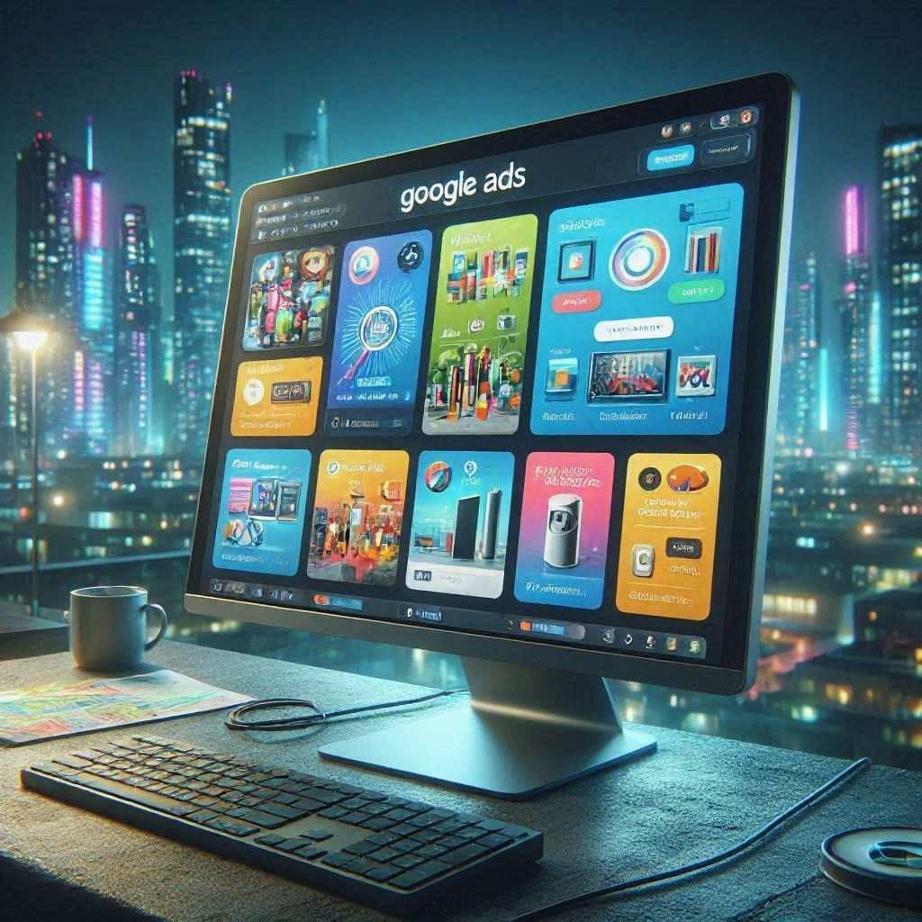 A computer monitor sits on a desk set against a panoramic window overlooking a glowing, futuristic cyberpunk cityscape at night. On the screen, a interface titled "google ads" showcases a grid of colorful media tiles, product mockups, and illustrative cards, accompanied by a slim wired keyboard, mouse, and a mug on the desk surface. This image is created by ai
