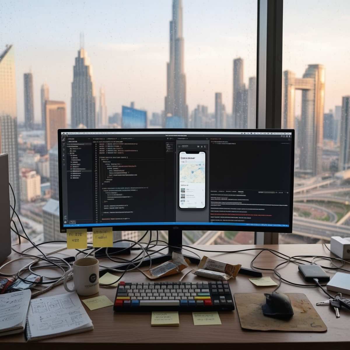 Hype Agency app developer home setup in Dubai overlooking the city skyline Real shot from the Dubai home of a Hype Agency app developer showing a widescreen monitor with code and a mobile app preview against the Burj Khalifa skyline