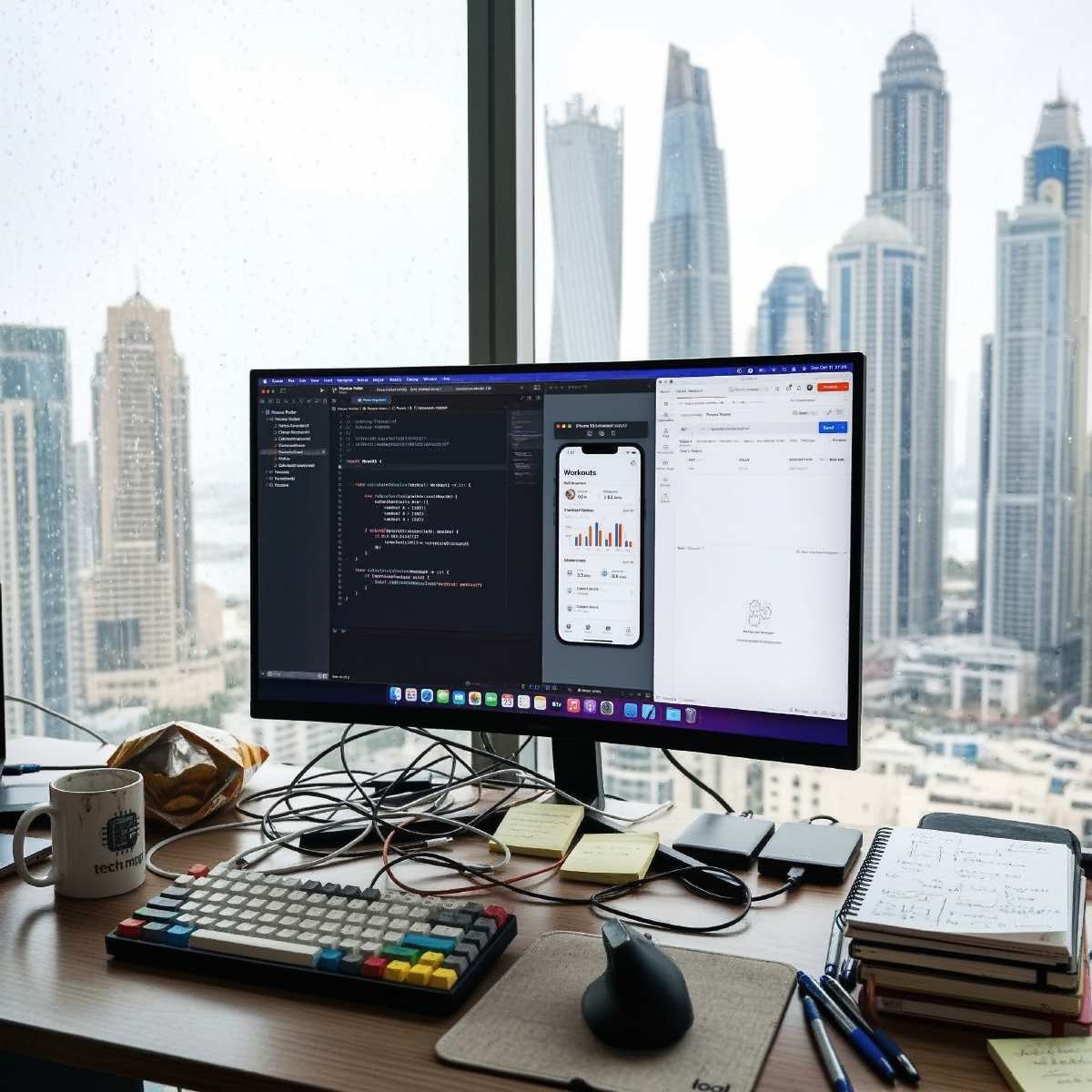 Hype Agency app developer home setup in Dubai overlooking marina skyscrapers Real shot from the Dubai home of a Hype Agency app developer showing a widescreen monitor displaying code and a workout mobile app preview with Dubai skyscrapers outside the window