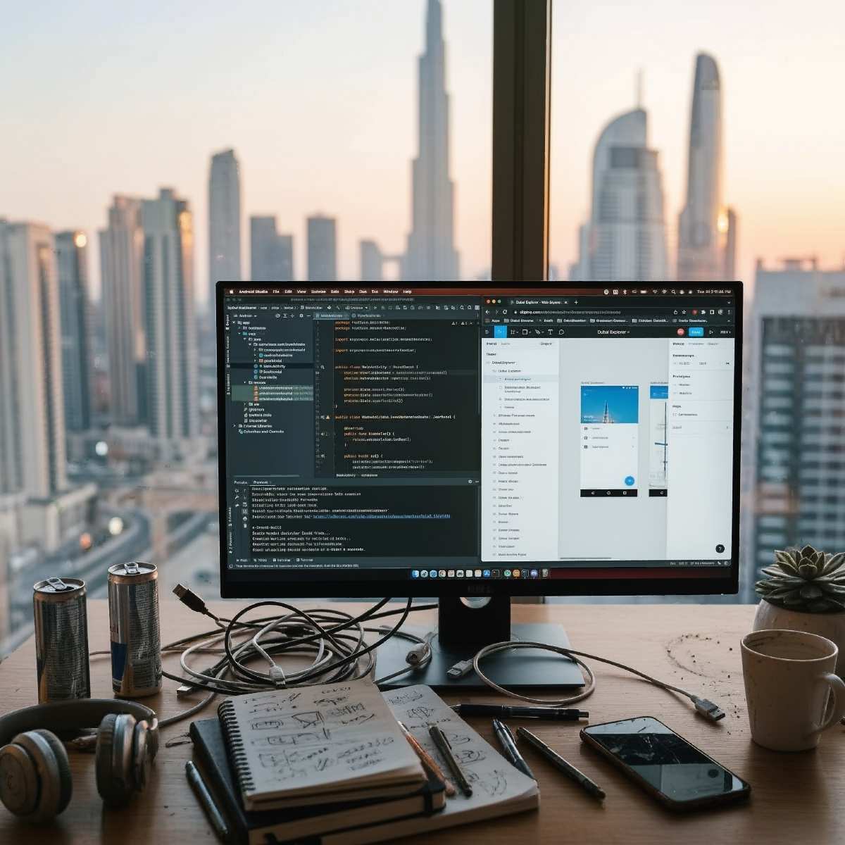 Hype Agency app developer workspace in Dubai at sunset with skyline view Real shot from the Dubai home of a Hype Agency app developer showing a monitor with Android Studio and travel app wireframes against the sunset skyline with Burj Khalifa
