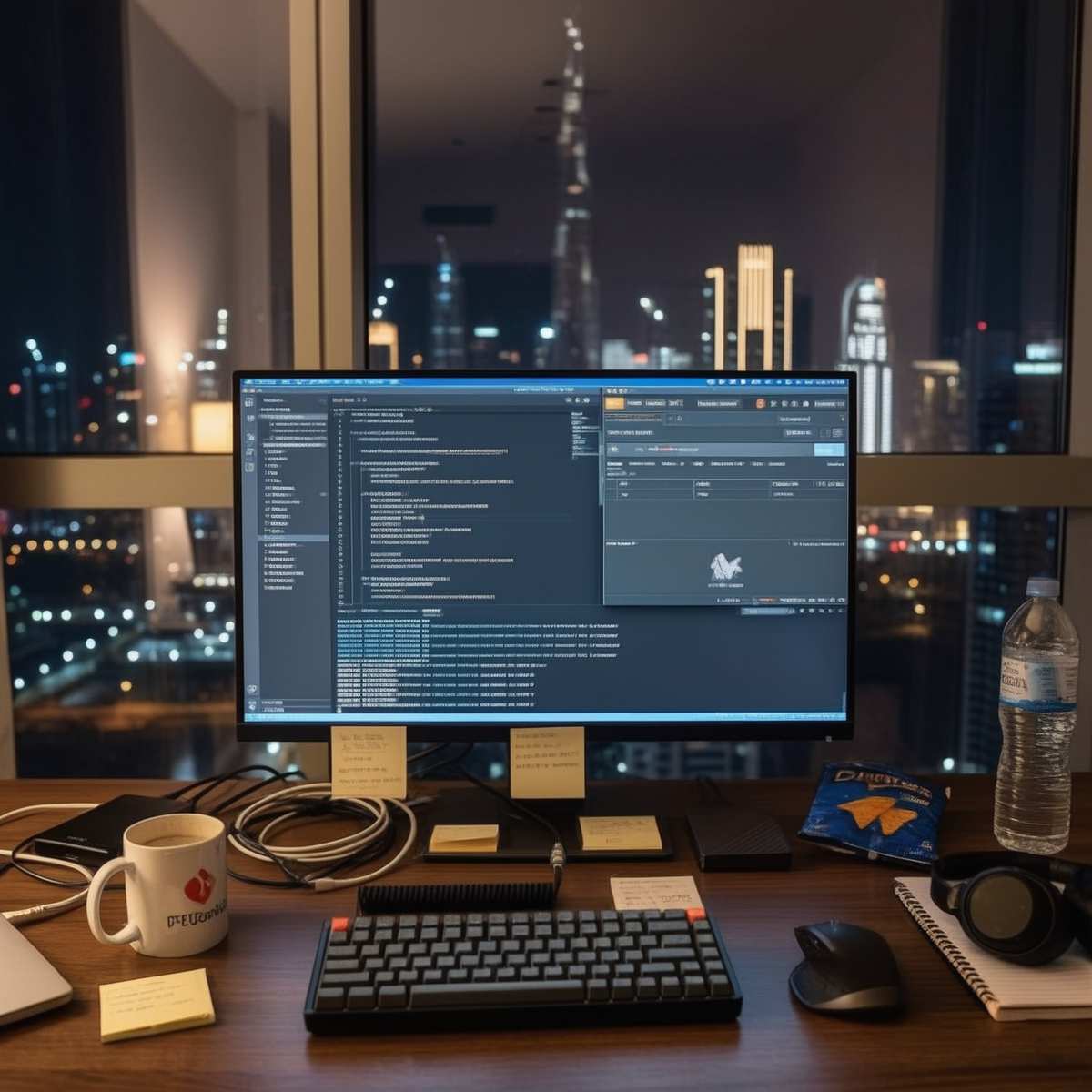 Hype Agency app developer night workspace in Dubai overlooking illuminated city skyline Real shot from the Dubai home of a Hype Agency app developer showing a monitor with backend code at night with illuminated city lights and Burj Khalifa