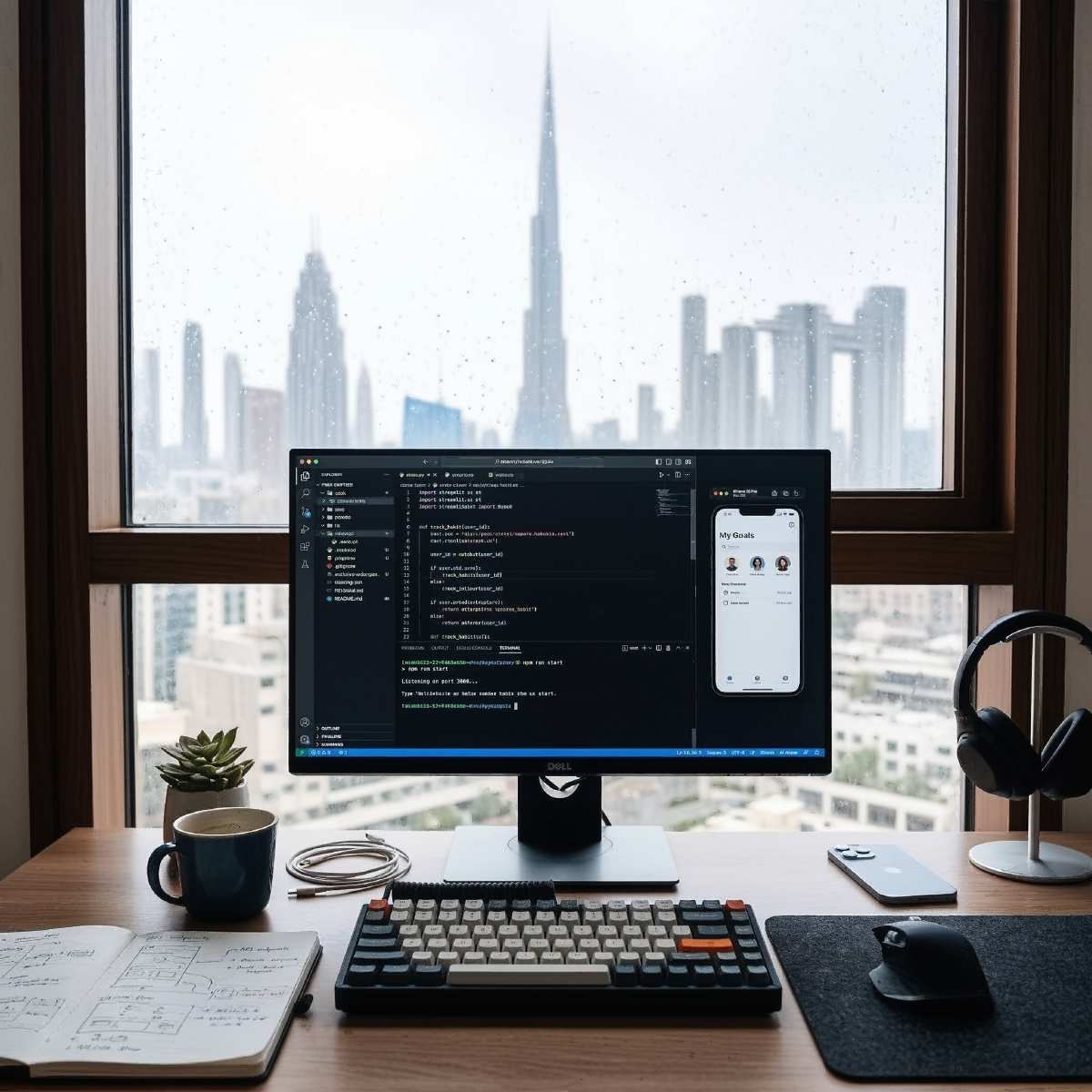 Hype Agency app developer desktop setup in Dubai overlooking Burj Khalifa skyline Real shot from the Dubai home of a Hype Agency app developer showing a monitor with code and a goal tracking mobile app preview in front of a misty window with Burj Khalifa