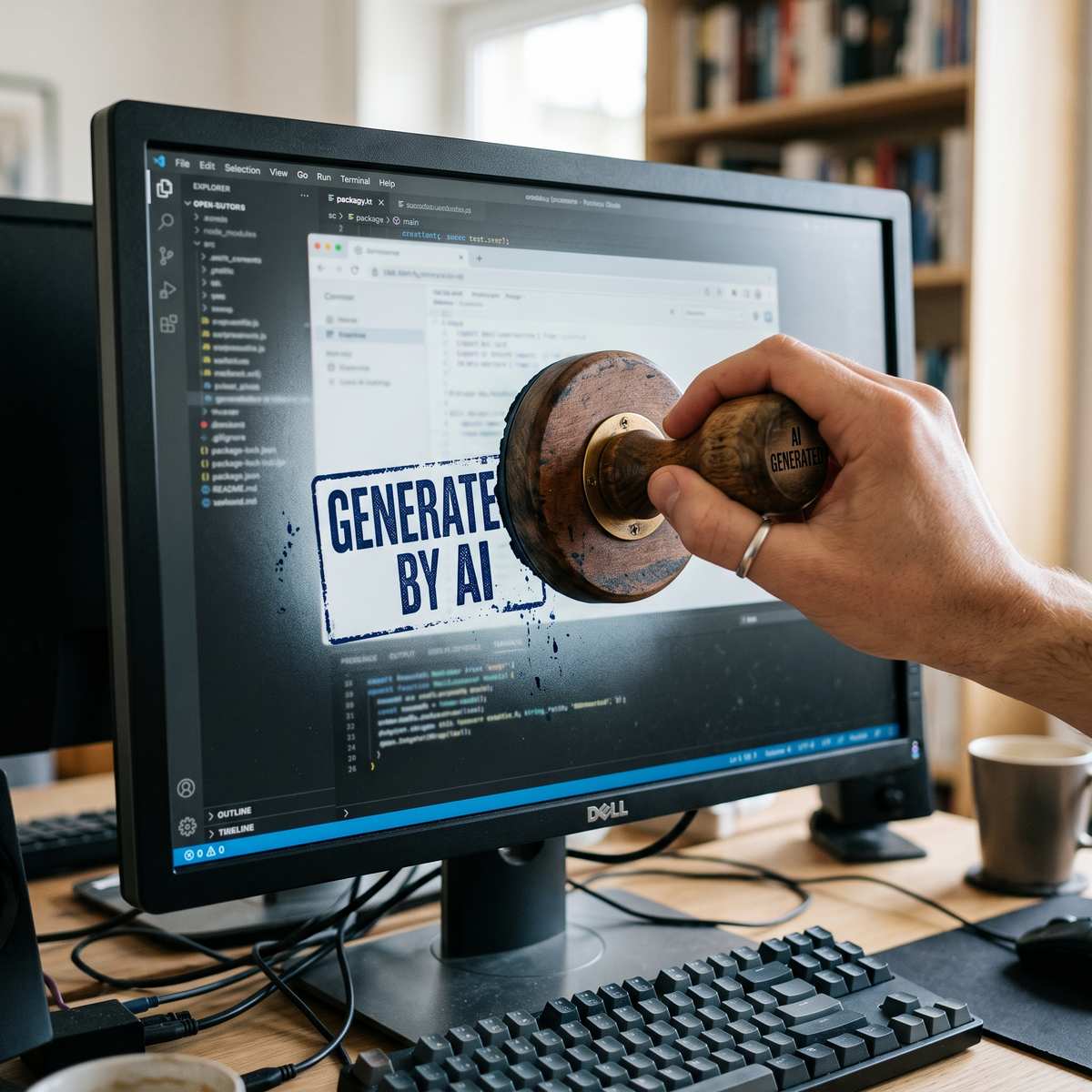 A close-up of a hand stamping a blue "Generated by AI" ink mark onto a computer monitor displaying code, AI-generated image.