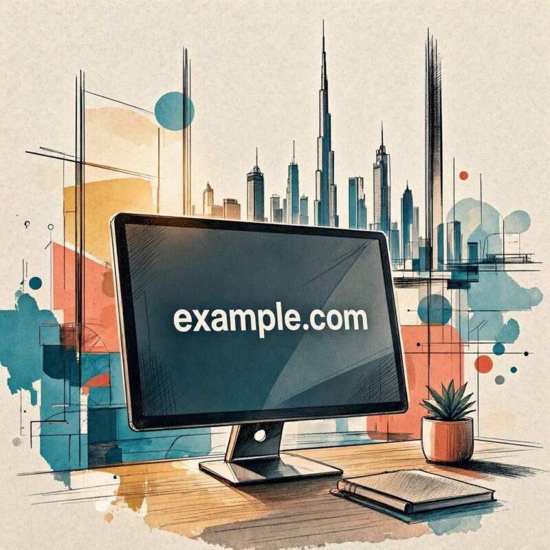 A stylized watercolor and ink illustration features a desktop computer monitor centered on a wooden table with a small potted succulent and notebook. The screen prominently displays the text "example.com" against an abstract geometric background with a Dubai architectural skyline silhouette, including the Burj Khalifa. This image is created by ai