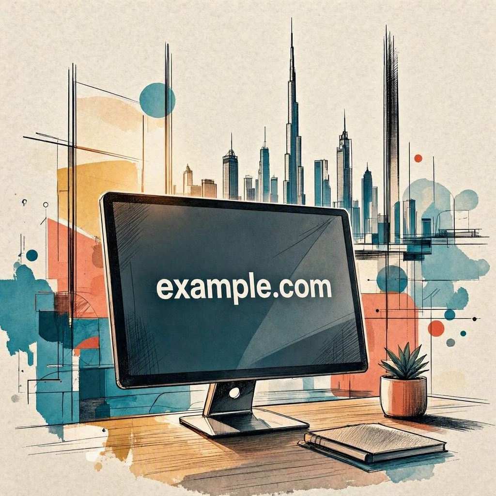 A stylized watercolor and ink illustration features a desktop computer monitor centered on a wooden table with a small potted succulent and notebook. The screen prominently displays the text "example.com" against an abstract geometric background with a Dubai architectural skyline silhouette, including the Burj Khalifa. This image is created by ai