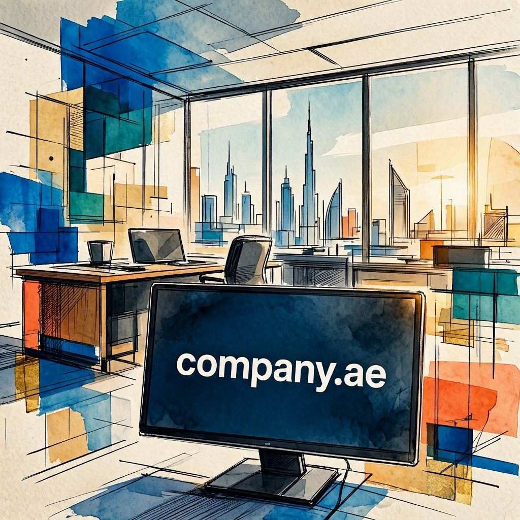 A sketch-style architectural watercolor illustration depicts a modern glass office interior with a desk and chair. In the foreground, a computer monitor boldly displays "company.ae", framed by large floor-to-ceiling windows overlooking the high-rise cityscape of Dubai and the Burj Khalifa. This image is created by ai