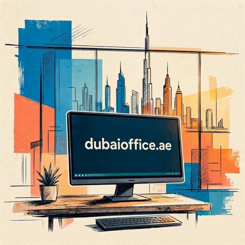 An artistic ink-and-watercolor rendering shows an office desk with a potted plant, keyboard, and a central monitor displaying "dubaioffice.ae". The composition is accented by abstract color blocks and an outline of the Dubai skyscraper skyline visible through the window. This image is created by ai