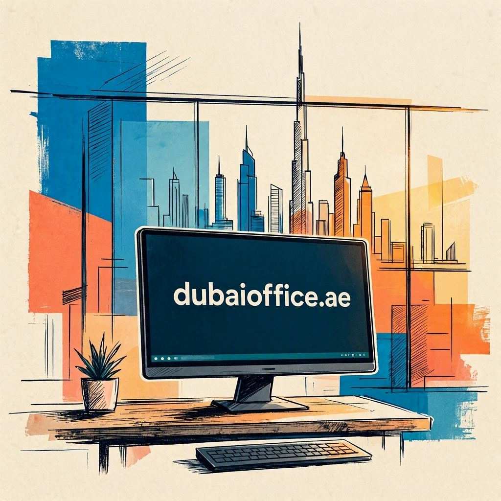 An artistic ink-and-watercolor rendering shows an office desk with a potted plant, keyboard, and a central monitor displaying "dubaioffice.ae". The composition is accented by abstract color blocks and an outline of the Dubai skyscraper skyline visible through the window. This image is created by ai