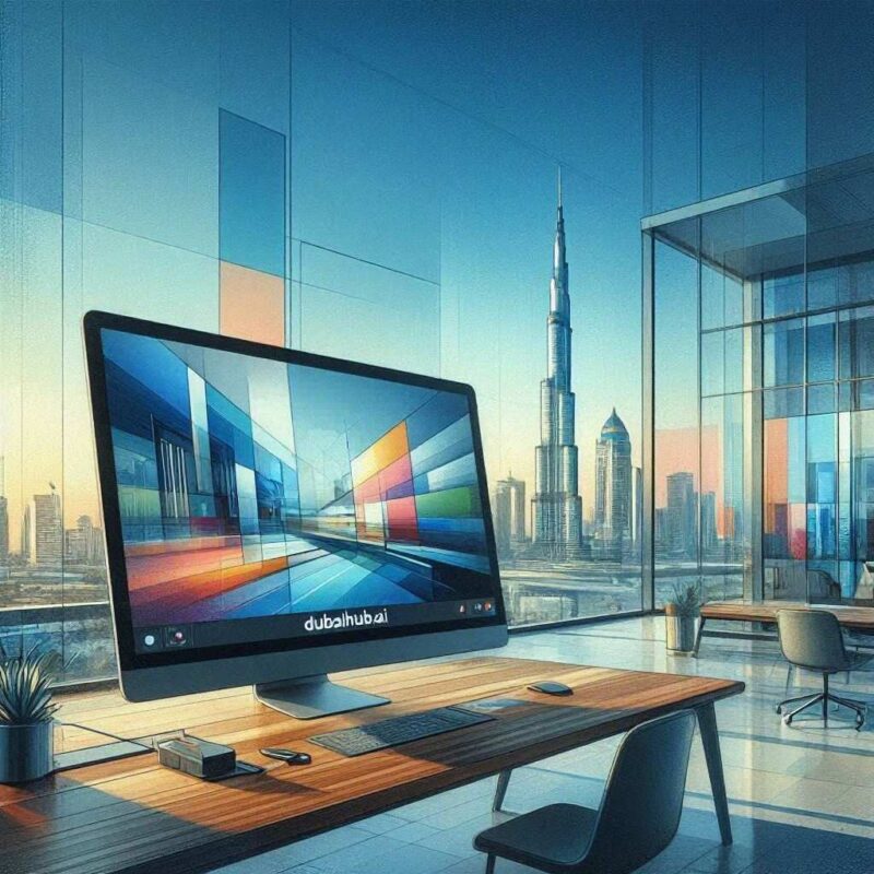 A contemporary, sunlit high-rise executive office features an all-in-one desktop computer resting on a sleek wooden desk. The screen displays an abstract colorful perspective art piece labeled "dubaihub.ai", looking out through massive glass walls toward a clear view of the Burj Khalifa and surrounding downtown towers. This image is created by ai