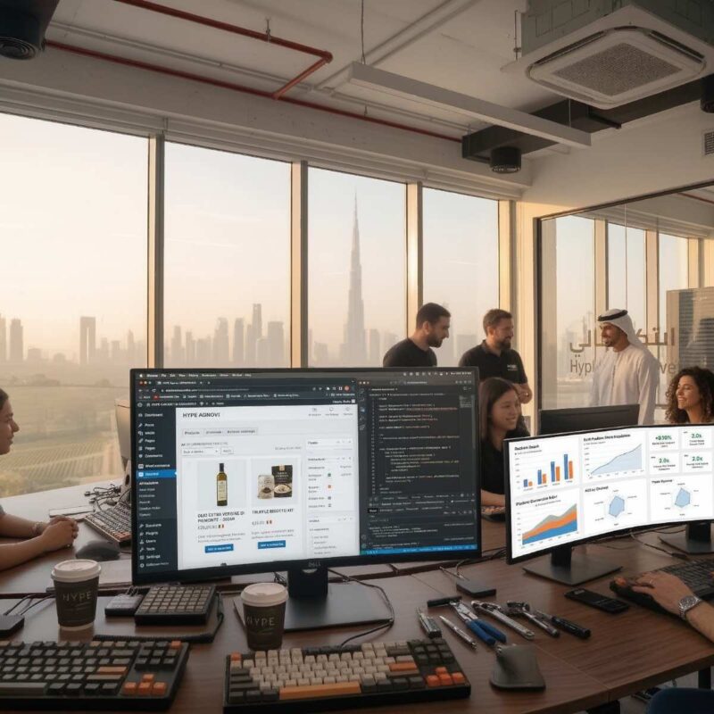 This is an authentic work moment inside the Hype agency in Dubai, showcasing the team collaborating in an open space office. On the main monitor in the foreground, developers are building and configuring a WooCommerce e-commerce website for Italian food products alongside code and analytics dashboards. Large panoramic windows frame the Dubai skyline in warm light, with the Burj Khalifa clearly visible in the distance.
