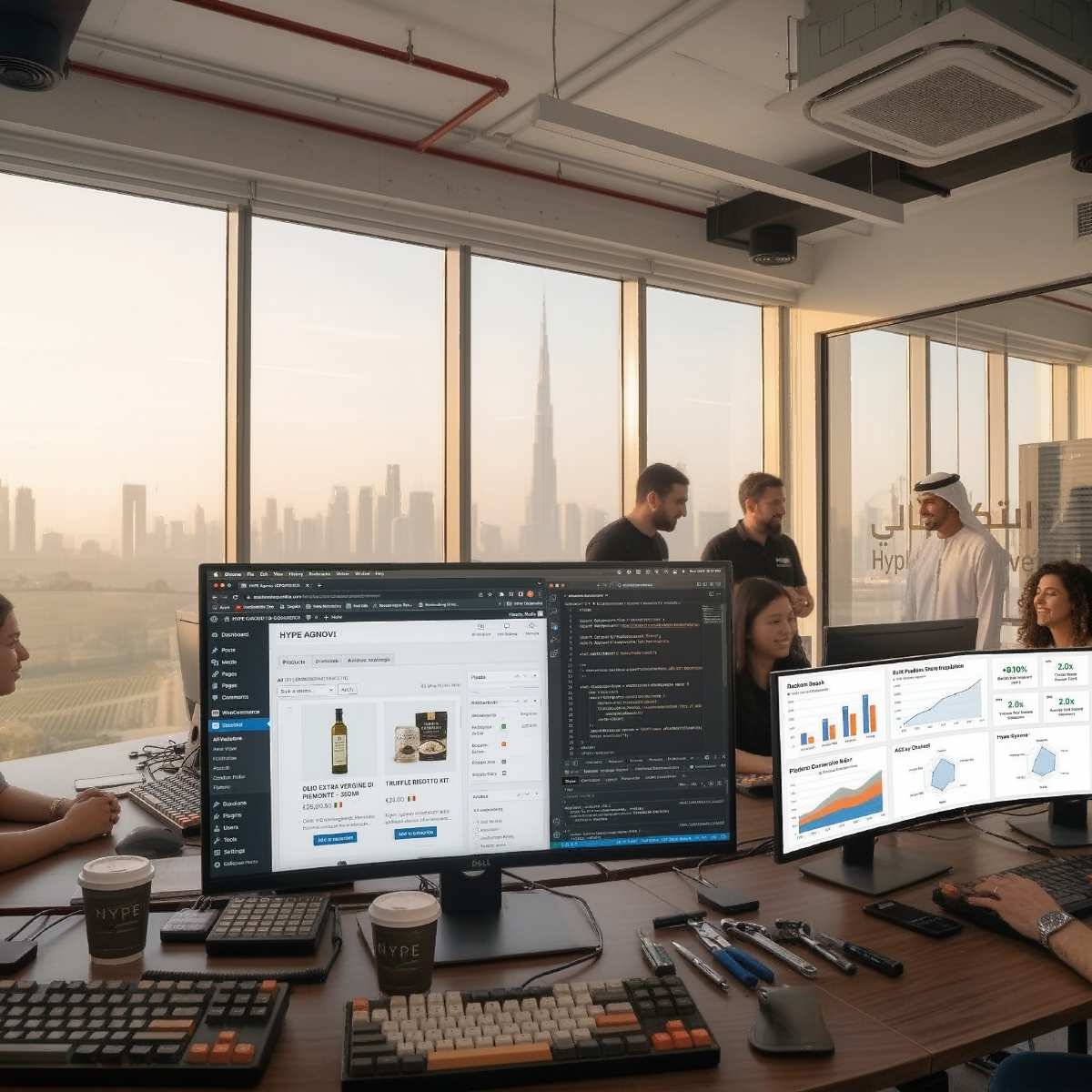 This is an authentic work moment inside the Hype agency in Dubai, showcasing the team collaborating in an open space office. On the main monitor in the foreground, developers are building and configuring a WooCommerce e-commerce website for Italian food products alongside code and analytics dashboards. Large panoramic windows frame the Dubai skyline in warm light, with the Burj Khalifa clearly visible in the distance.
