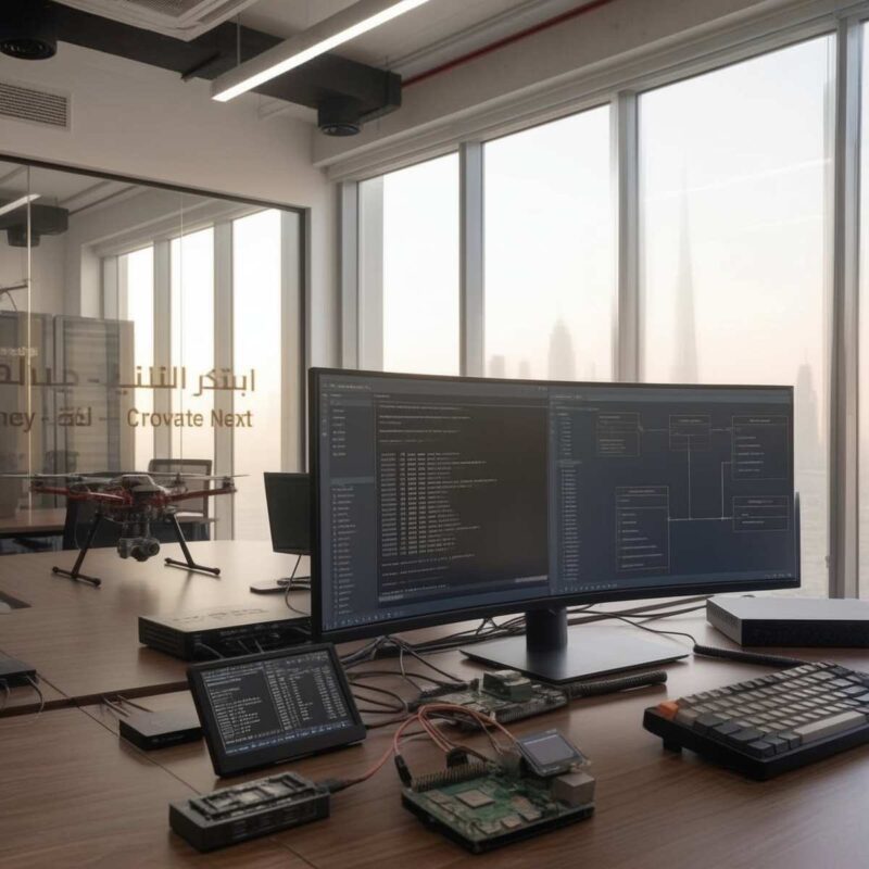 This is a real shot capturing a moment of work inside the Hype agency in Dubai. The modern office desk features an ultra-wide monitor displaying backend code and database schema architecture for e-commerce development, along with development hardware boards, an auxiliary screen, a drone, and a mechanical keyboard. Through the floor-to-ceiling windows, the Dubai city skyline is visible in the background against soft daylight.