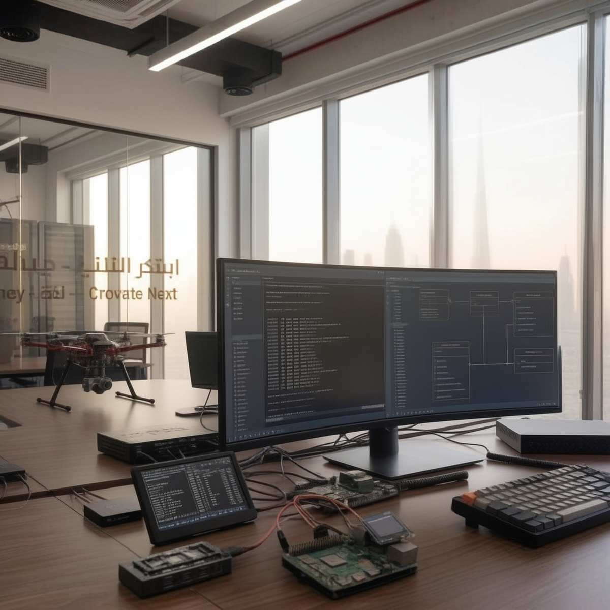 This is a real shot capturing a moment of work inside the Hype agency in Dubai. The modern office desk features an ultra-wide monitor displaying backend code and database schema architecture for e-commerce development, along with development hardware boards, an auxiliary screen, a drone, and a mechanical keyboard. Through the floor-to-ceiling windows, the Dubai city skyline is visible in the background against soft daylight.