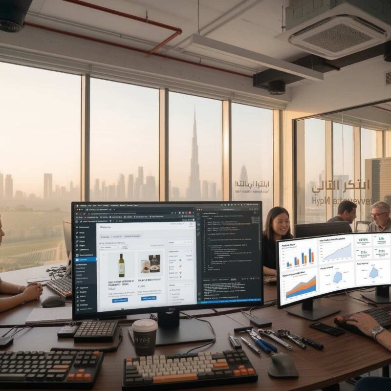 This is a real-world candid shot capturing a moment of work within the Hype agency in Dubai. In the foreground, a large, well-equipped desk is set up with multiple monitors. The primary curved monitor prominently displays an e-commerce platform in development, showcasing product listings with details. A woman is actively engaged at a adjacent desk, and other colleagues are visible collaborating in the background. The scene is illuminated by natural light from large floor-to-ceiling windows, which reveal a stunning, albeit somewhat hazy, panoramic view of the iconic Dubai skyline, including the distinctive Burj Khalifa. The modern office environment features sleek furniture, various tech accessories like mechanical keyboards, and "Hype" branding on a paper coffee cup.