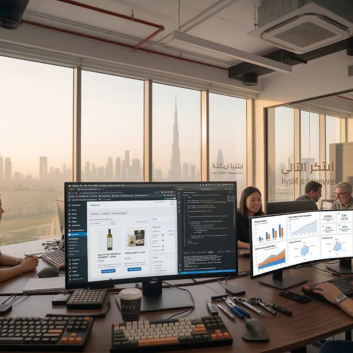 This is a real-world candid shot capturing a moment of work within the Hype agency in Dubai. In the foreground, a large, well-equipped desk is set up with multiple monitors. The primary curved monitor prominently displays an e-commerce platform in development, showcasing product listings with details. A woman is actively engaged at a adjacent desk, and other colleagues are visible collaborating in the background. The scene is illuminated by natural light from large floor-to-ceiling windows, which reveal a stunning, albeit somewhat hazy, panoramic view of the iconic Dubai skyline, including the distinctive Burj Khalifa. The modern office environment features sleek furniture, various tech accessories like mechanical keyboards, and "Hype" branding on a paper coffee cup.