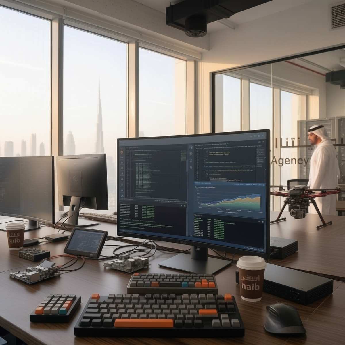 This is a real shot capturing an authentic work moment inside the Hype agency in Dubai. The modern workstation in the foreground features a large screen displaying code and analytics data for an e-commerce development project, flanked by mechanical keyboards, development hardware, and branded coffee cups. In the background, the floor-to-ceiling windows look out onto the Dubai skyline with the Burj Khalifa standing under soft daylight, while a colleague walks across the office.