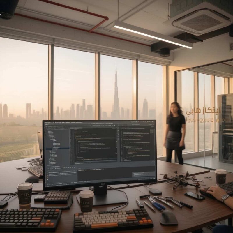 This is a real shot capturing a real work moment inside the Hype agency in Dubai. In the foreground, a modern workstation features a large monitor displaying code during the development of an e-commerce platform, alongside mechanical keyboards, tools, and coffee cups. In the background, floor-to-ceiling office windows reveal the iconic Dubai skyline, highlighted by the Burj Khalifa standing through the warm, hazy daylight.