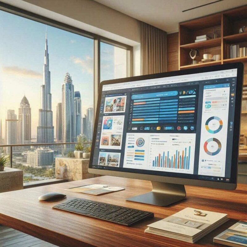 A modern desktop monitor sits on a rich wooden executive desk in front of a wide window overlooking the Dubai skyline and the Burj Khalifa. The computer screen displays an email marketing and analytics software suite featuring horizontal bar comparisons, circular donut metrics, and media campaign previews, accompanied by a black keyboard, mouse, and printed stationery. This image is created by ai