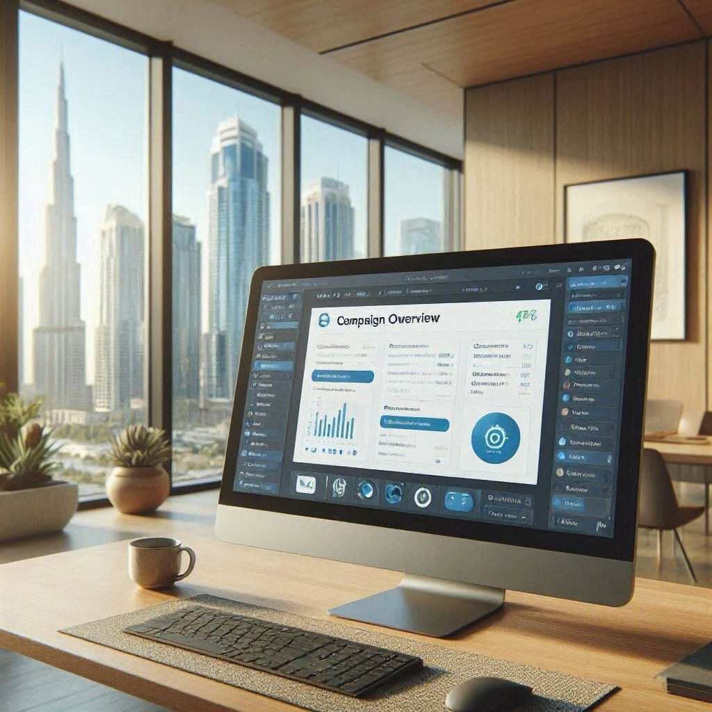 A modern desktop monitor sits on a rich wooden executive desk in front of a wide window overlooking the Dubai skyline and the Burj Khalifa. The computer screen displays an email marketing and analytics software suite featuring horizontal bar comparisons, circular donut metrics, and media campaign previews, accompanied by a black keyboard, mouse, and printed stationery. This image is created by ai