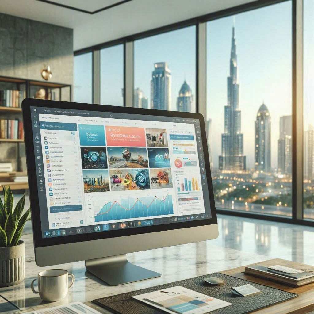 A desktop setup rests on a reflective desk in a high-rise office with a panoramic view of the Burj Khalifa and downtown skyscrapers during golden hour. The monitor screen displays an email campaign management platform filled with colorful creative campaign assets, a subscriber sidebar, and rising multi-line performance charts. This image is created by ai