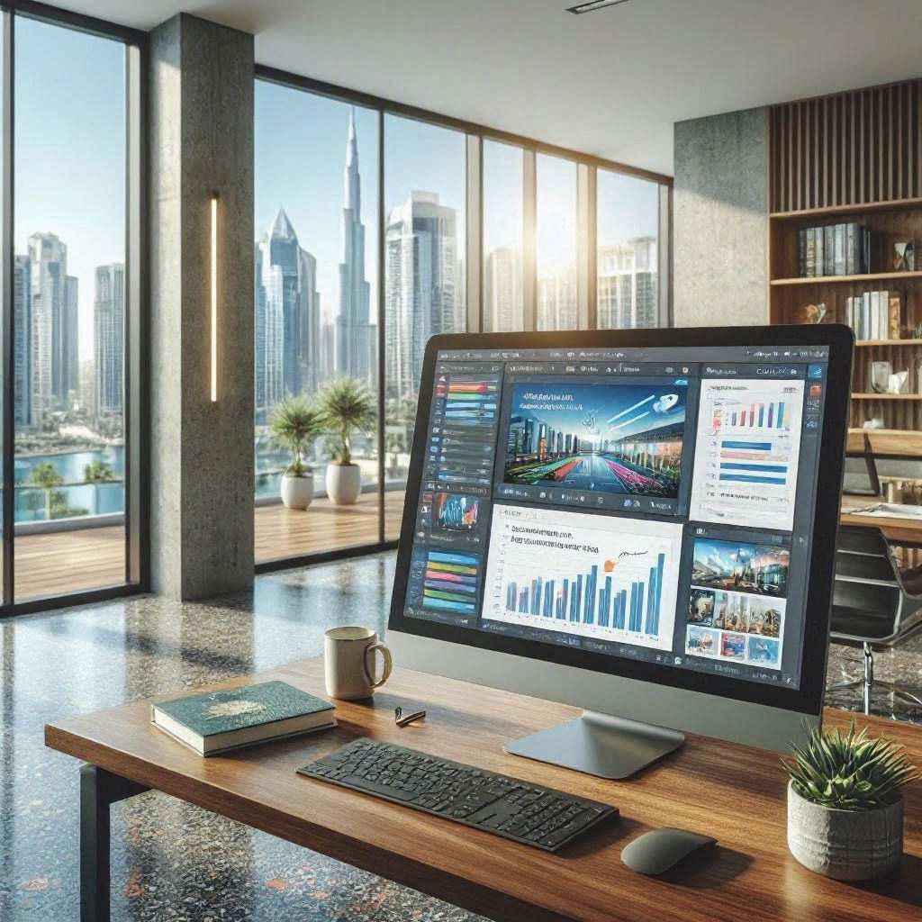 In a spacious contemporary office with terrazzo flooring and floor-to-ceiling windows showing a cityscape, a wide desktop monitor sits on a wooden desk. The display is divided into a creative design layout and email performance dashboards with colorful bar graphs, accompanied by a keyboard, mouse, hardcover notebook, coffee cup, and small potted plant. This image is created by ai