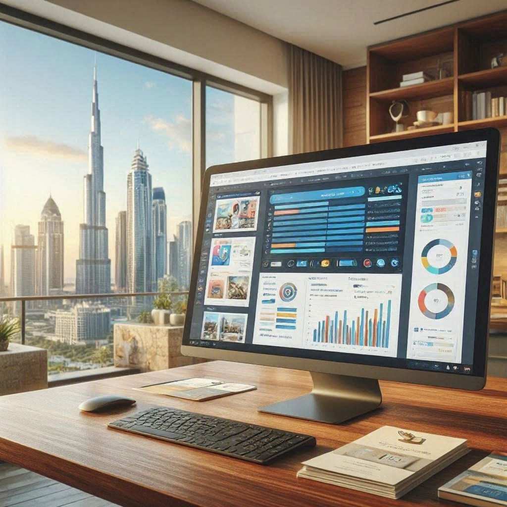 A desktop computer rests on a polished wooden desk with stationery, a wireless mouse, and a keyboard, set against a full-height window presenting a daytime panorama of the Burj Khalifa and surrounding skyscrapers. The monitor shows a comprehensive digital marketing dashboard featuring email layout previews, metric progress bars, and audience analytics charts. This image is created by ai