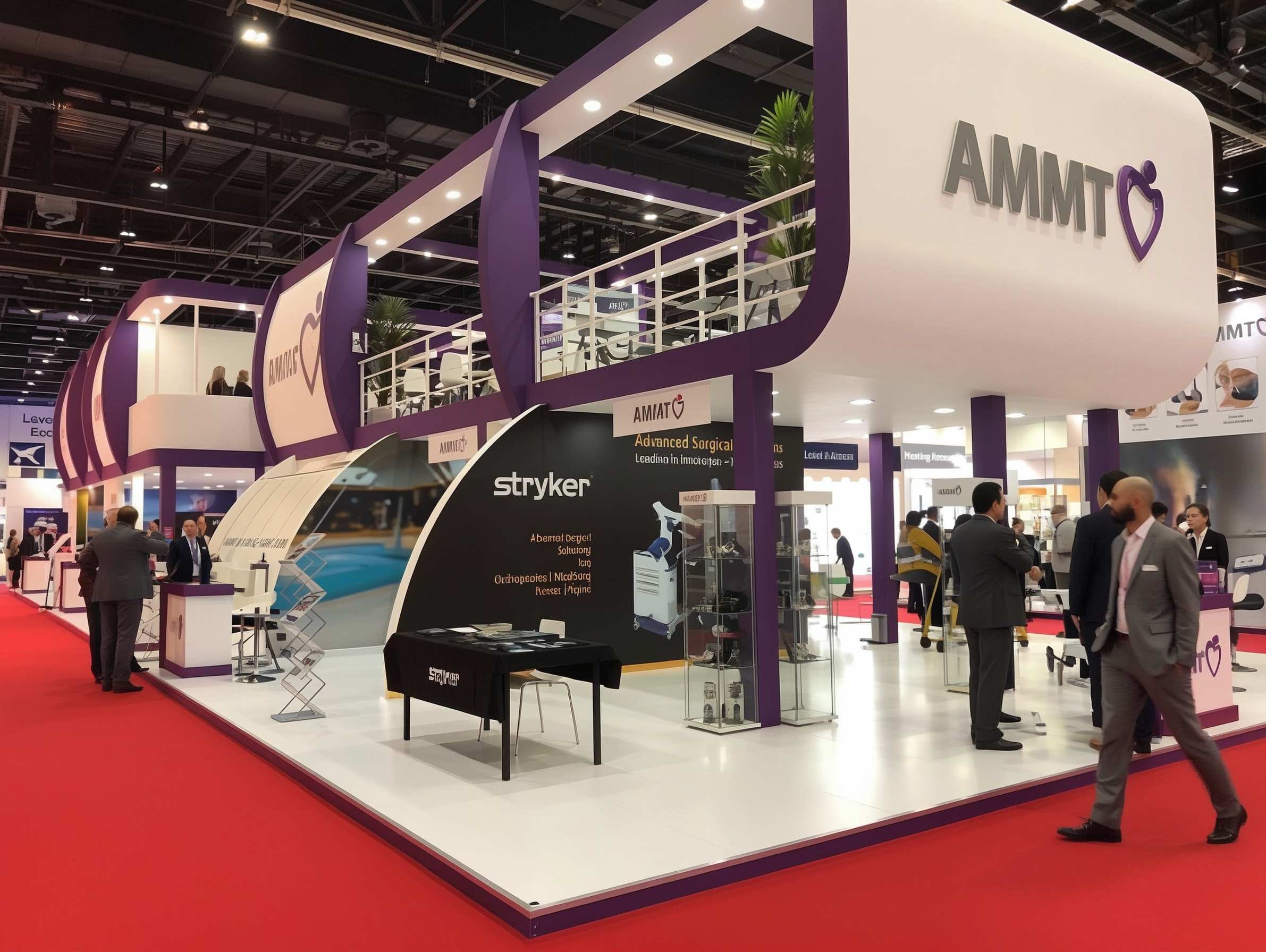 AMMT and Stryker double-decker exhibition stand in Dubai by BBP Group. Double-decker AMMT and Stryker exhibition stand designed and built by BBP Group in Dubai for Hype Agency.