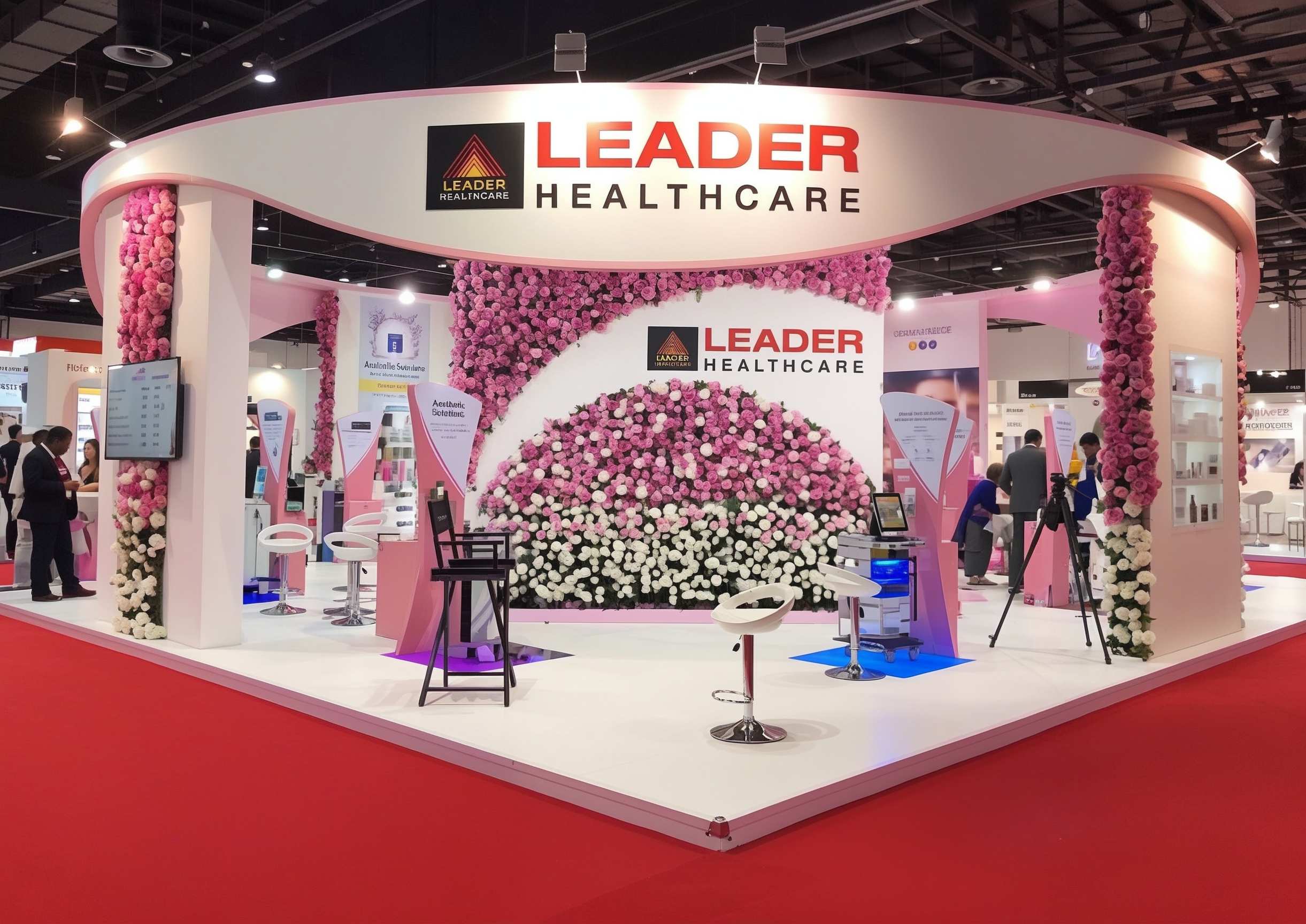 Leader Healthcare exhibition stand in Dubai by BBP Group. Custom floral exhibition stand for Leader Healthcare designed and built in Dubai by BBP Group for Hype Agency.