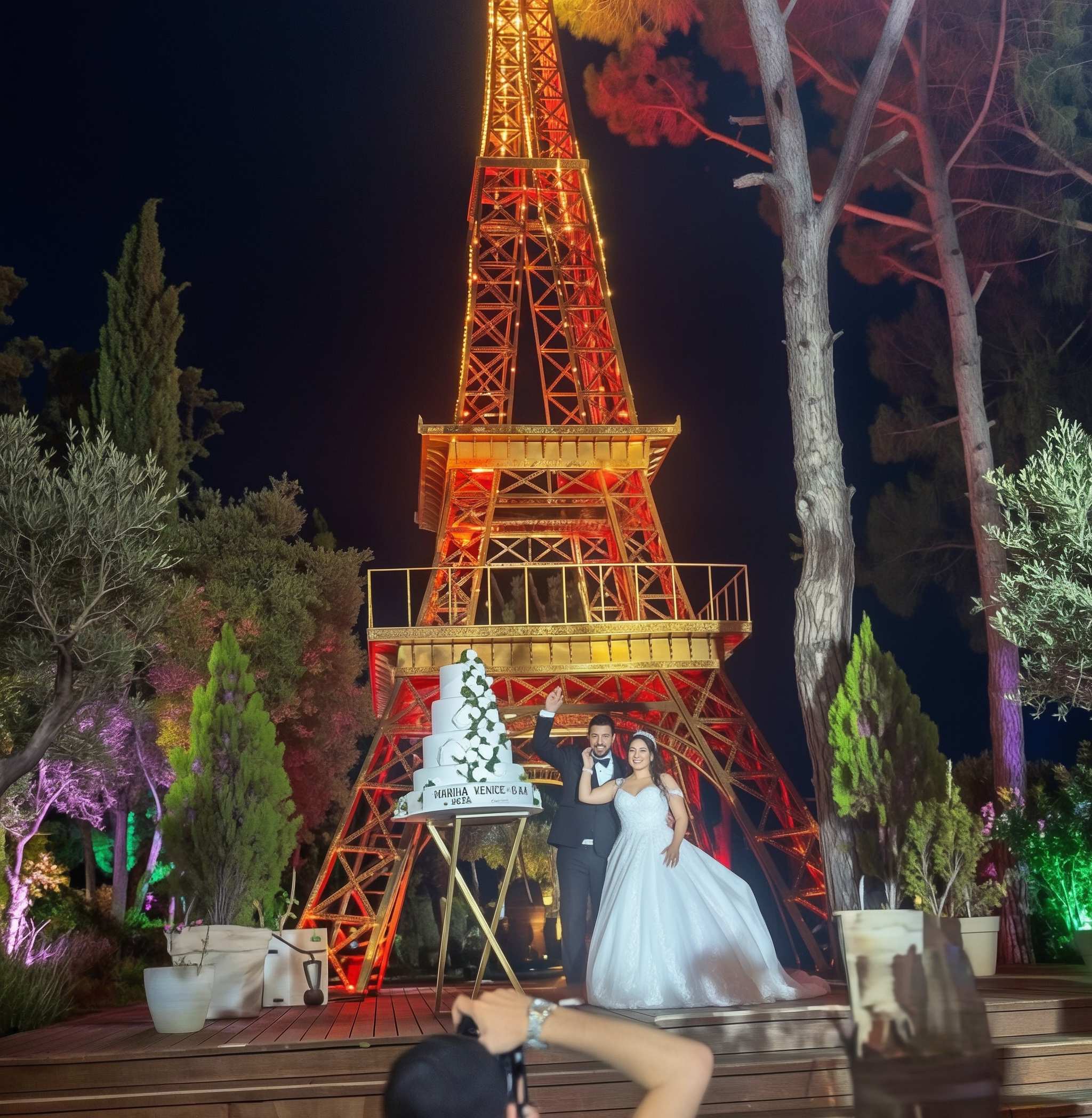 Luxury wedding stage and scenic setup in Dubai by BBP Group. Luxury wedding production featuring an illuminated Eiffel Tower replica designed and managed by BBP Group in Dubai for Hype Agency.