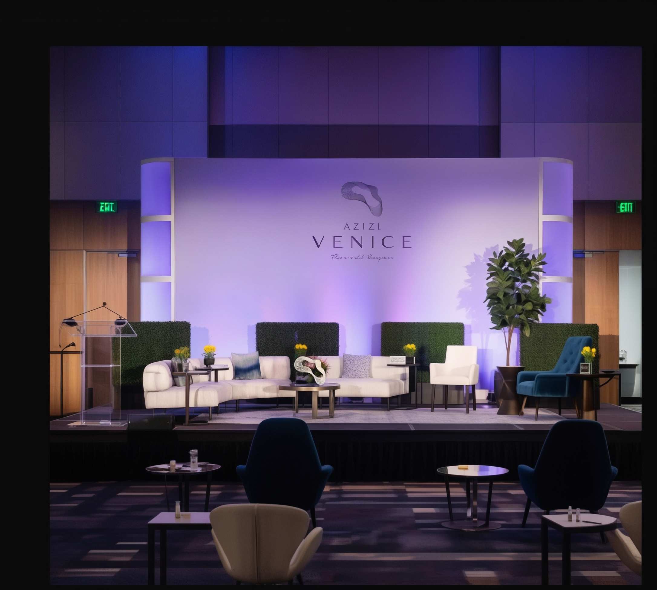 Azizi Venice corporate stage setup in Dubai by BBP Group. Corporate conference stage and lounge setup for Azizi Venice designed and managed by BBP Group in Dubai for Hype Agency.