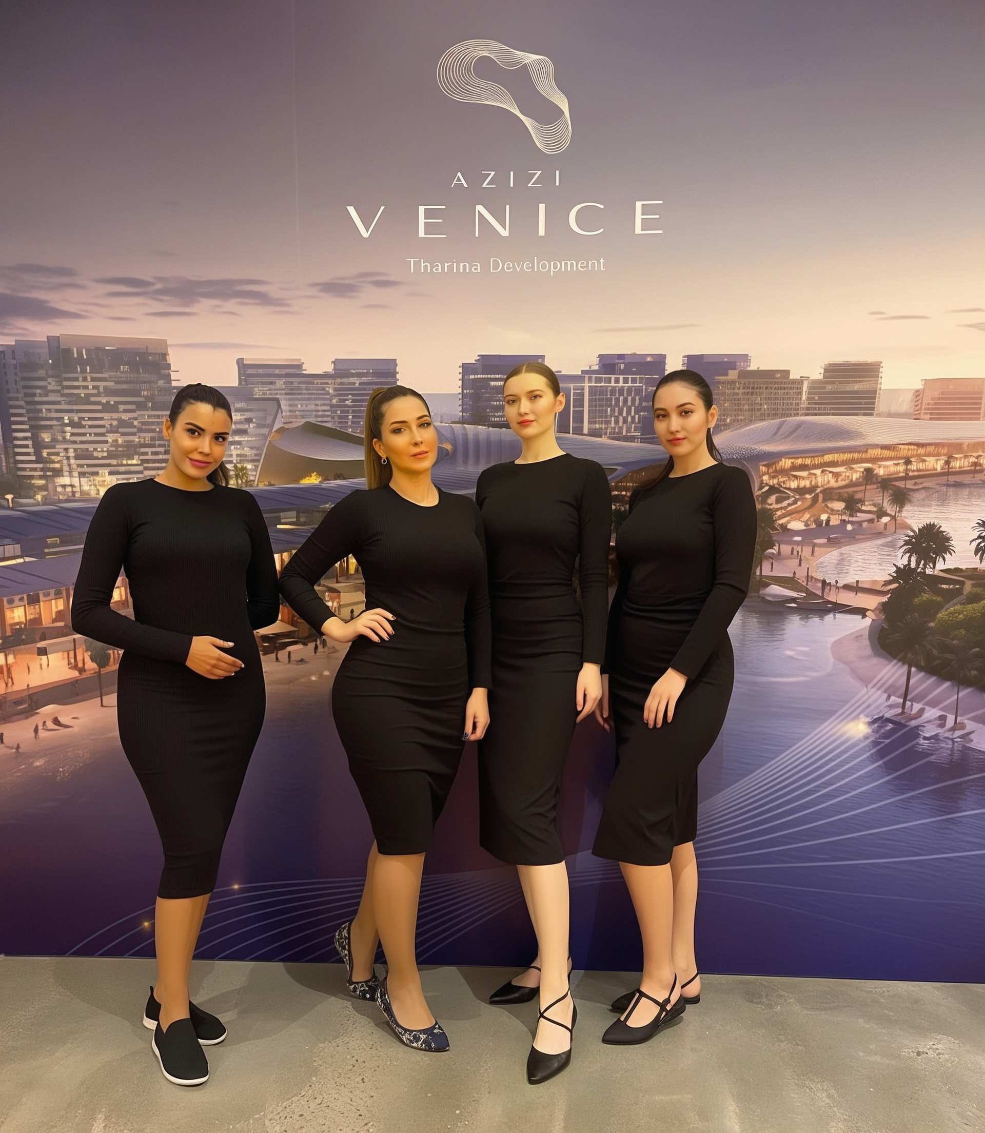 Hype Agency Partner BBP Group Event Staff in Dubai for Azizi Venice Tharina Development Professional event staff managed by BBP Group in Dubai posing in front of a backdrop for Azizi Venice Tharina Development.