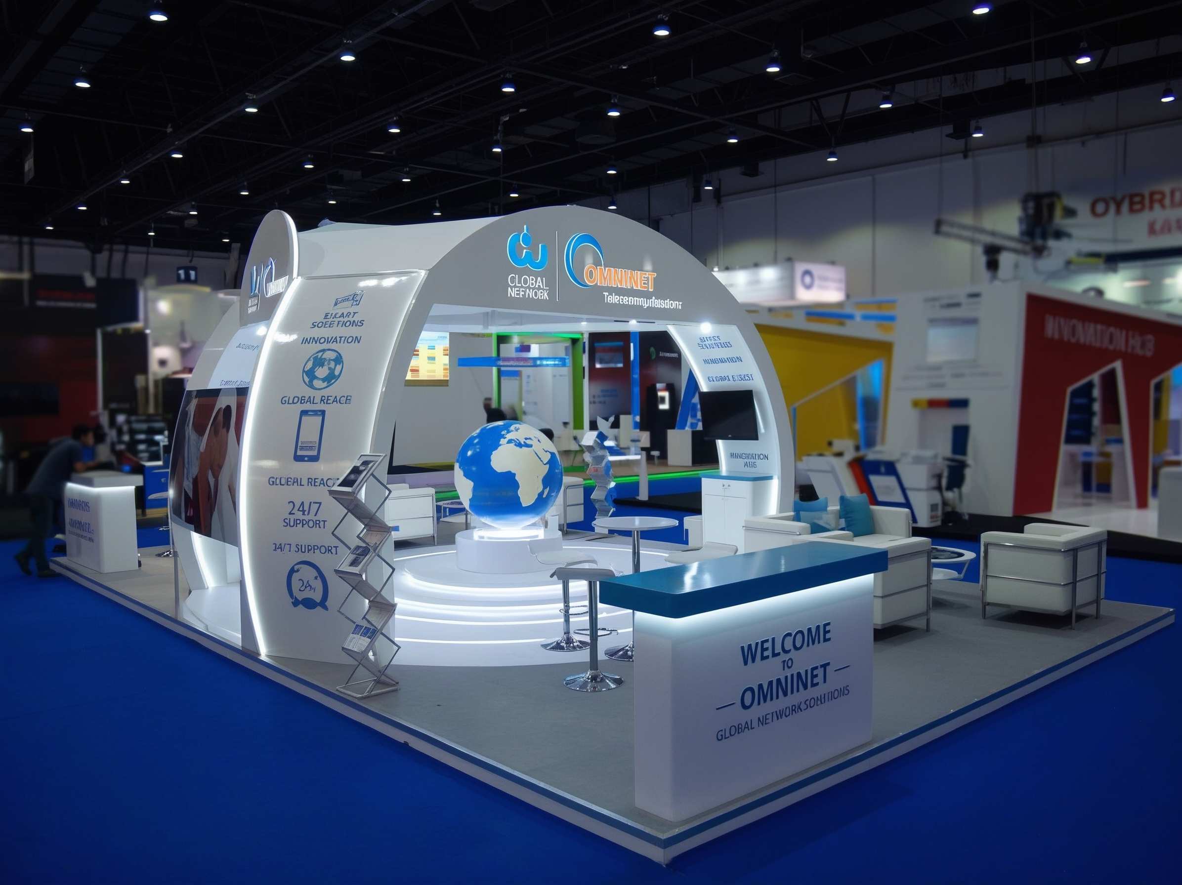 Custom Exhibition Stand in Dubai: Global Network Solutions by BBP Group. Professional exhibition stand design and build by BBP Group in Dubai, for Global Network Solutions, featuring an innovative arched structure and integrated technology displays.