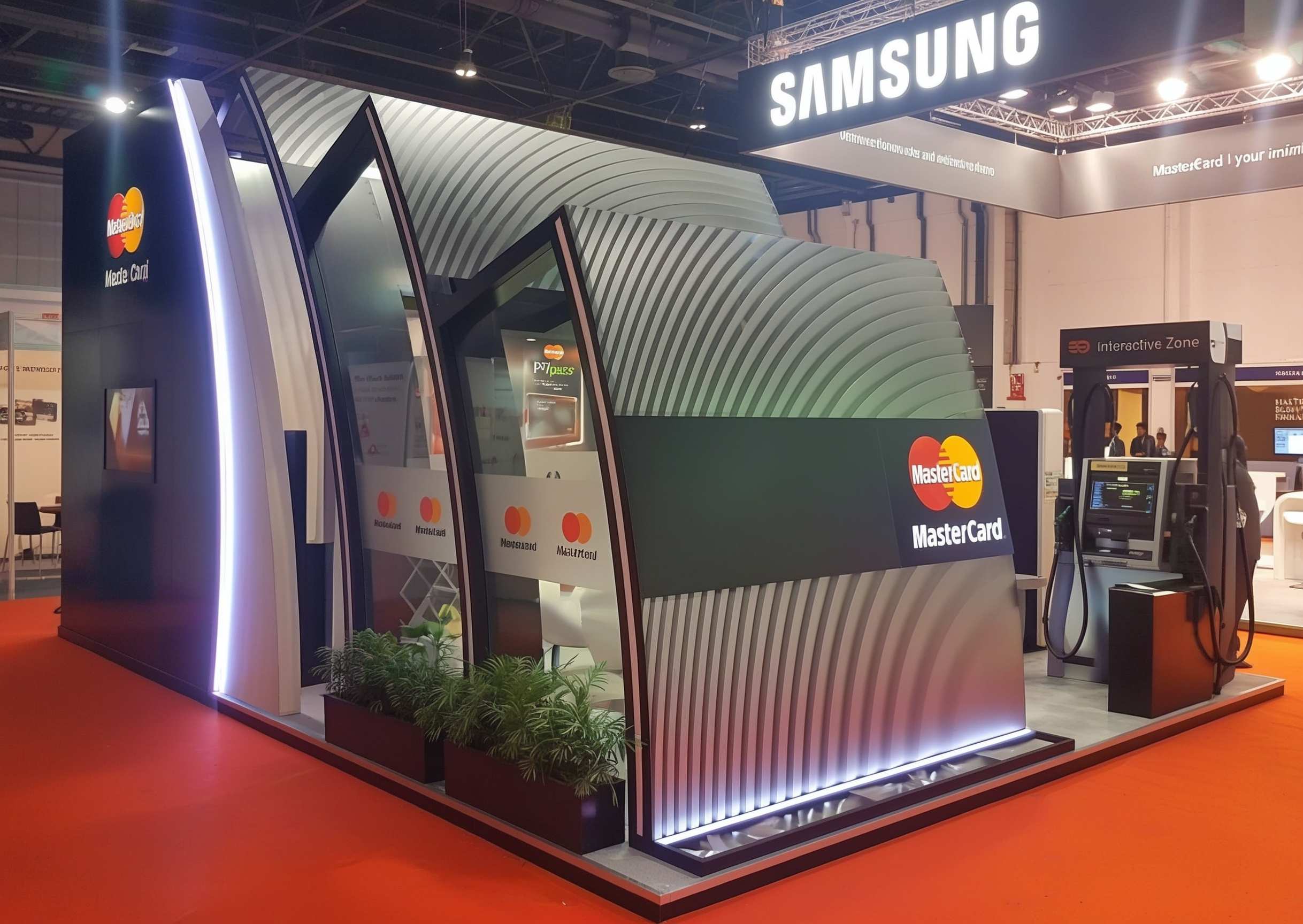 Award-Winning Dubai Stand: MasterCard and Samsung by BBP Group. Custom-built MasterCard and Samsung exhibition stand designed and managed by BBP Group in Dubai, featuring futuristic architecture and interactive zones.