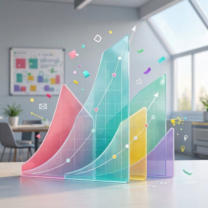 A bright, modern office space features a set of layered, translucent acrylic growth chart panels standing upright on a table in the foreground. Rendered in vivid pastel shades of pink, cyan, yellow, green, and purple, the glass-like panels display ascending grid lines and upward-pointing trend arrows, surrounded by floating confetti and minimal line-drawn marketing icons. This image is created by ai