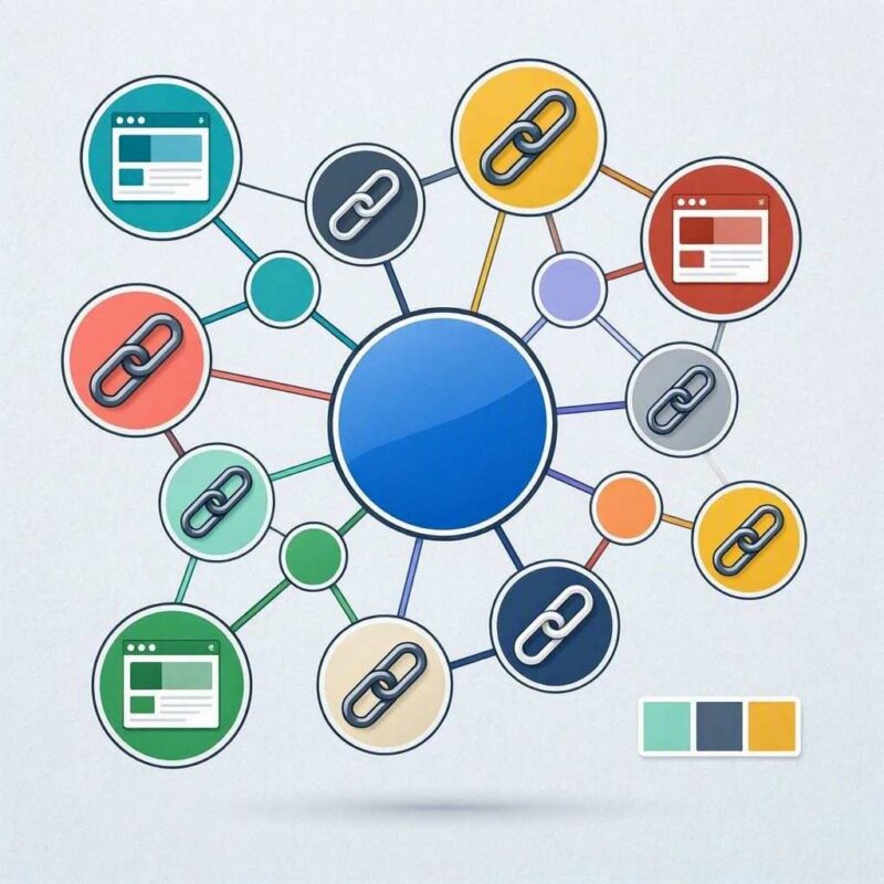 A conceptual diagram illustrating a link building network sits centered against a light textured background. A prominent blue circle at the center connects outward through lines to several smaller colorful nodes representing web browser pages and chain-link icons, with a small color palette swatch displayed in the bottom right corner. This image is created by ai