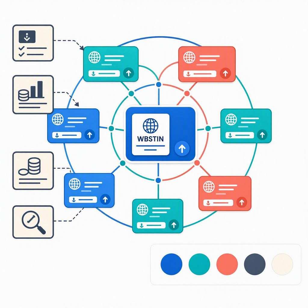 A flat-style digital marketing infographic depicts a website network scheme against a light background. A central blue card labeled "WBSTIN" with a globe icon is linked radially to an outer ring of smaller blue, teal, and red website cards, accompanied by linear data icons on the left and a circular color palette swatch at the bottom. This image is created by ai