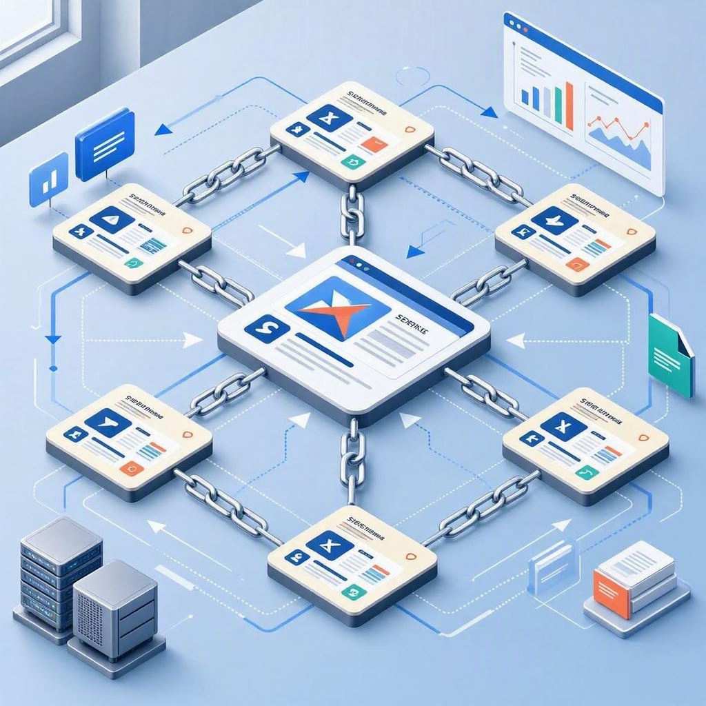An isometric 3D illustration shows an interconnected link building network over a soft blue surface. A large central webpage panel is physically chained and digitally routed to an outer perimeter of smaller webpage modules, surrounded by servers, data analytics screens, and file icons. This image is created by ai