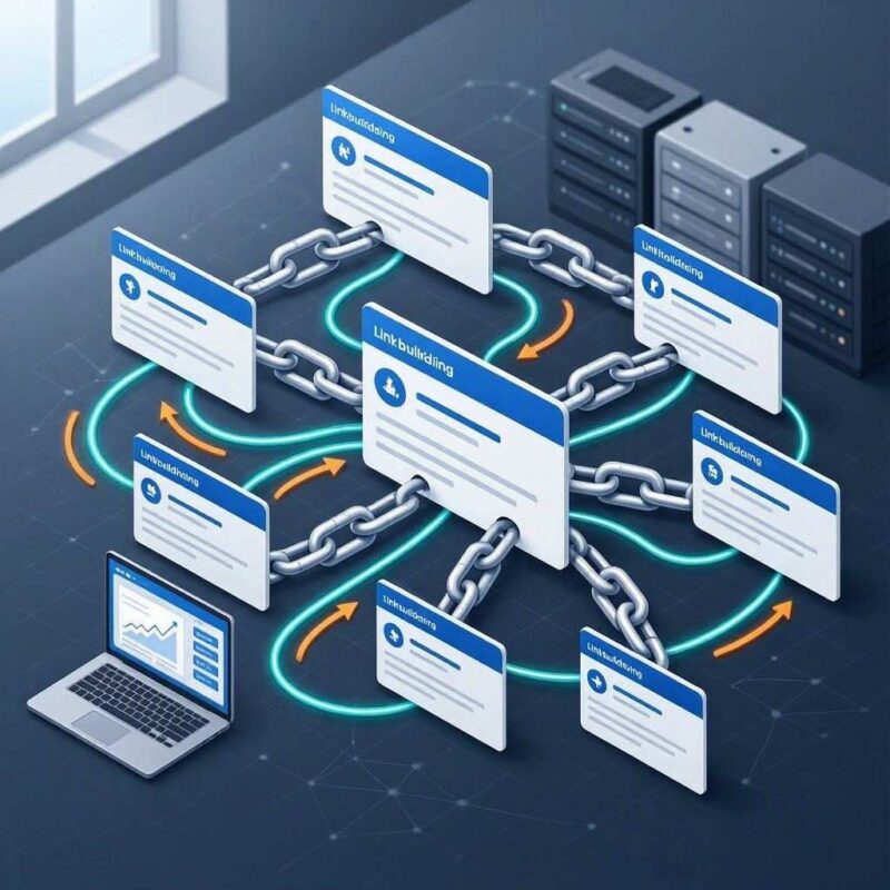 An isometric 3D render illustrates an SEO link building network set on a dark navy surface. A central white card labeled "Linkbuilding" with a blue header links to seven outer web cards via metallic chains and glowing teal and orange directional data paths, complete with a laptop displaying analytics and background server racks. This image is created by ai