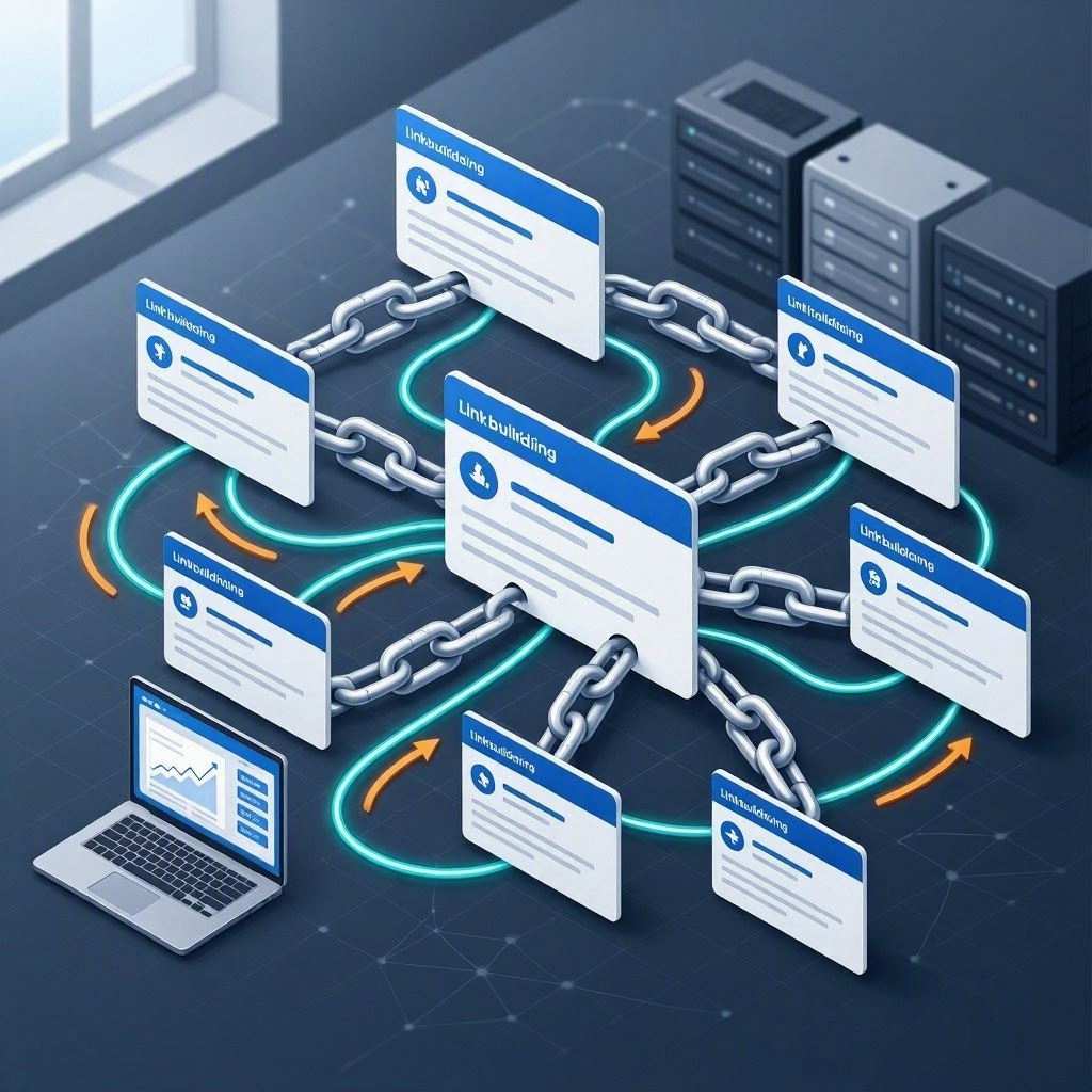 An isometric 3D render illustrates an SEO link building network set on a dark navy surface. A central white card labeled "Linkbuilding" with a blue header links to seven outer web cards via metallic chains and glowing teal and orange directional data paths, complete with a laptop displaying analytics and background server racks. This image is created by ai